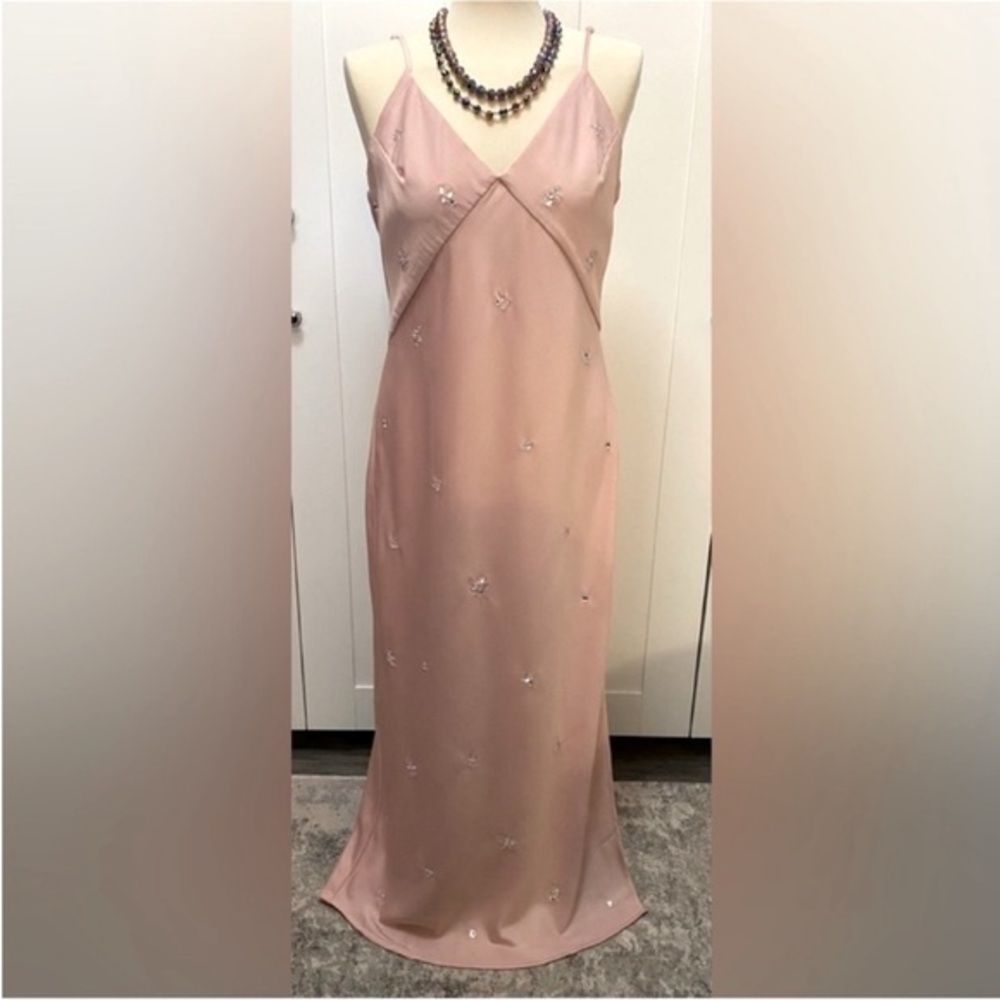 Beaded Champagne Shimmering  Rhinestone Spaghetti Strap Maxi Dress Sz LG NEW!